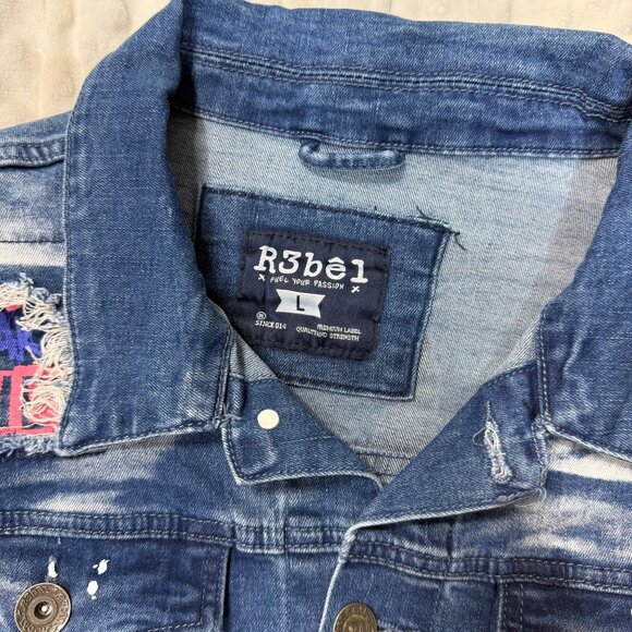 R3bel Denim Jacket Graffiti Skull Studded Distressed Jean Jacket Large - Picture 4 of 9